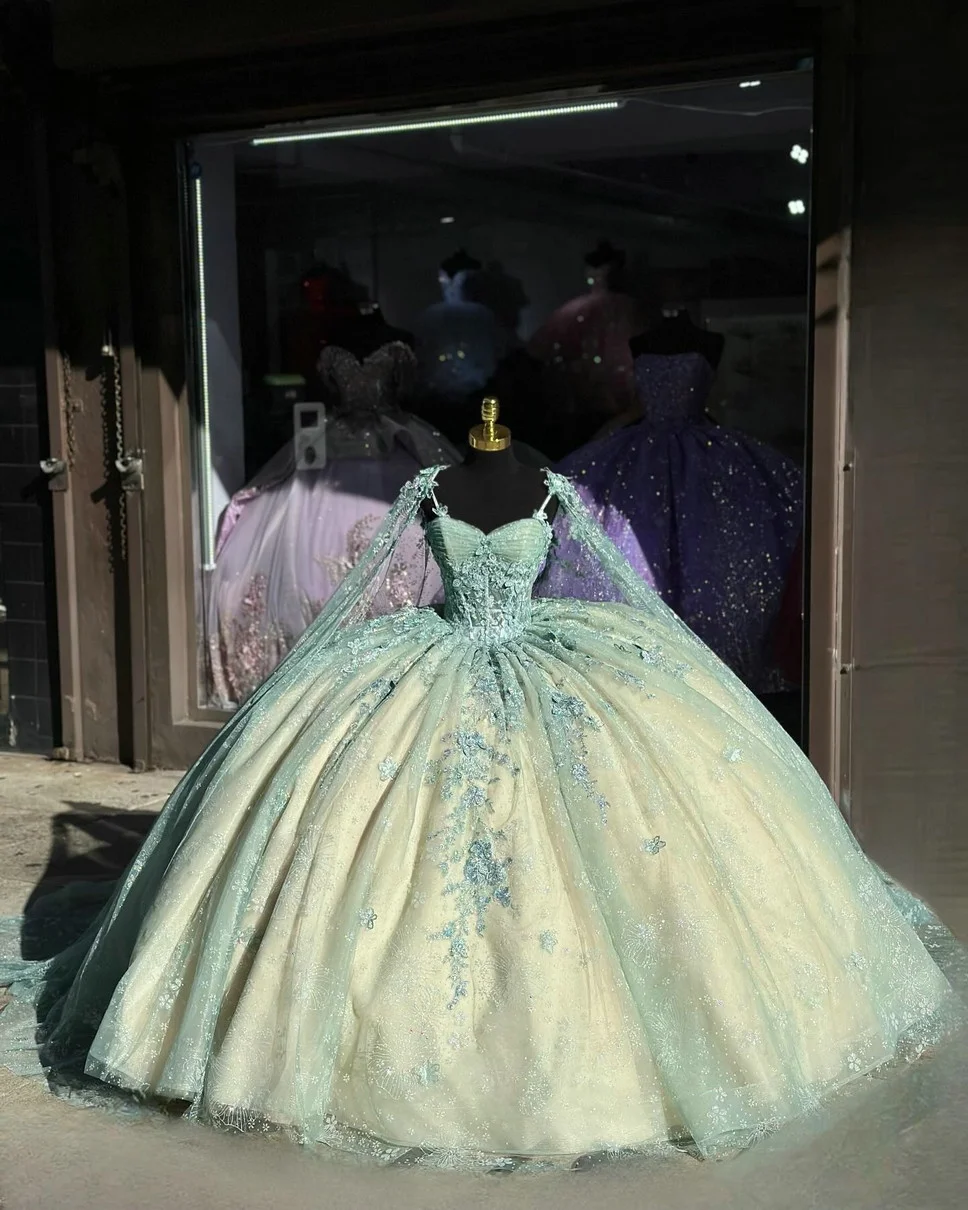 Mumuleo Cape Sleeve Sage Green Quince Dresses Lace Appliques Sweetheart  Neckline 15 Dress| Alibaba.com