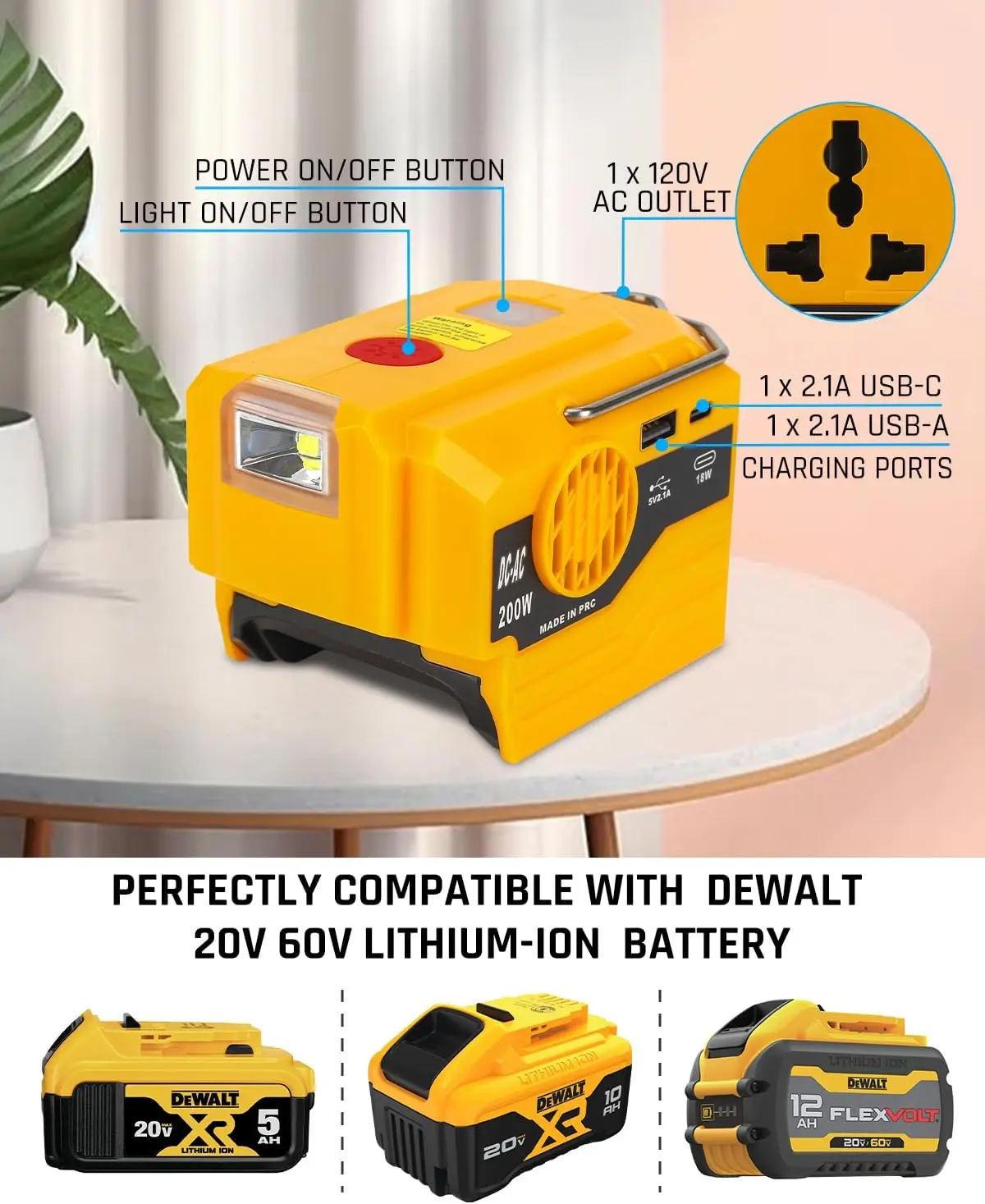 For Dewalt Battery DC 18v to AC 110v 220v Output Inverter Generator with USB Charger Adapte Cordless Power 200W Inverter