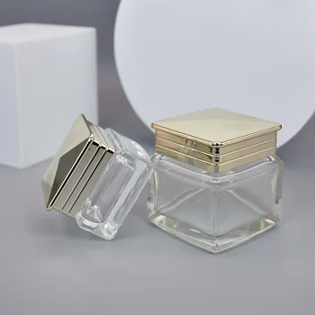 Cosmetic Containers Face Cream Jar Silver White Square 50g 30g Glass Cream Jar Moisturizer Glass Jar 100g For Skin Care Cream
