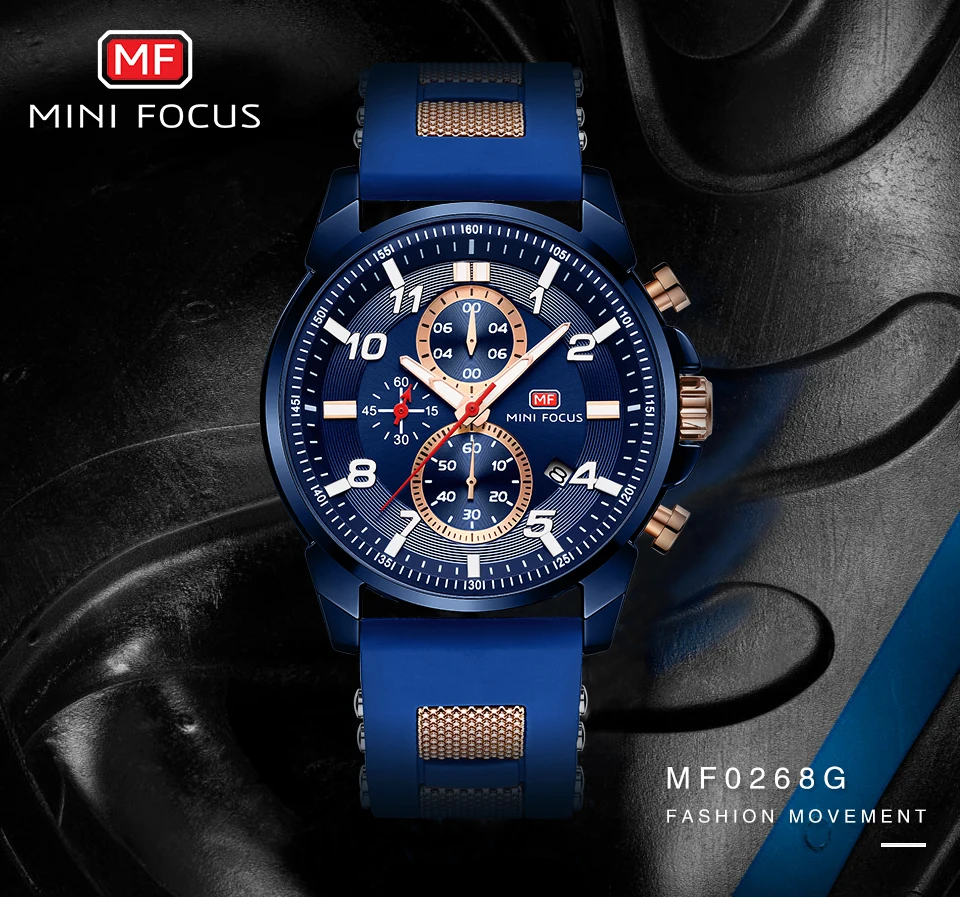 MINI FOCUS Watch 0268 Multifunctional Chronograph Mens Watches Luxury Silicone Strap Man Clock Waterproof Men Wristwatch Reloj