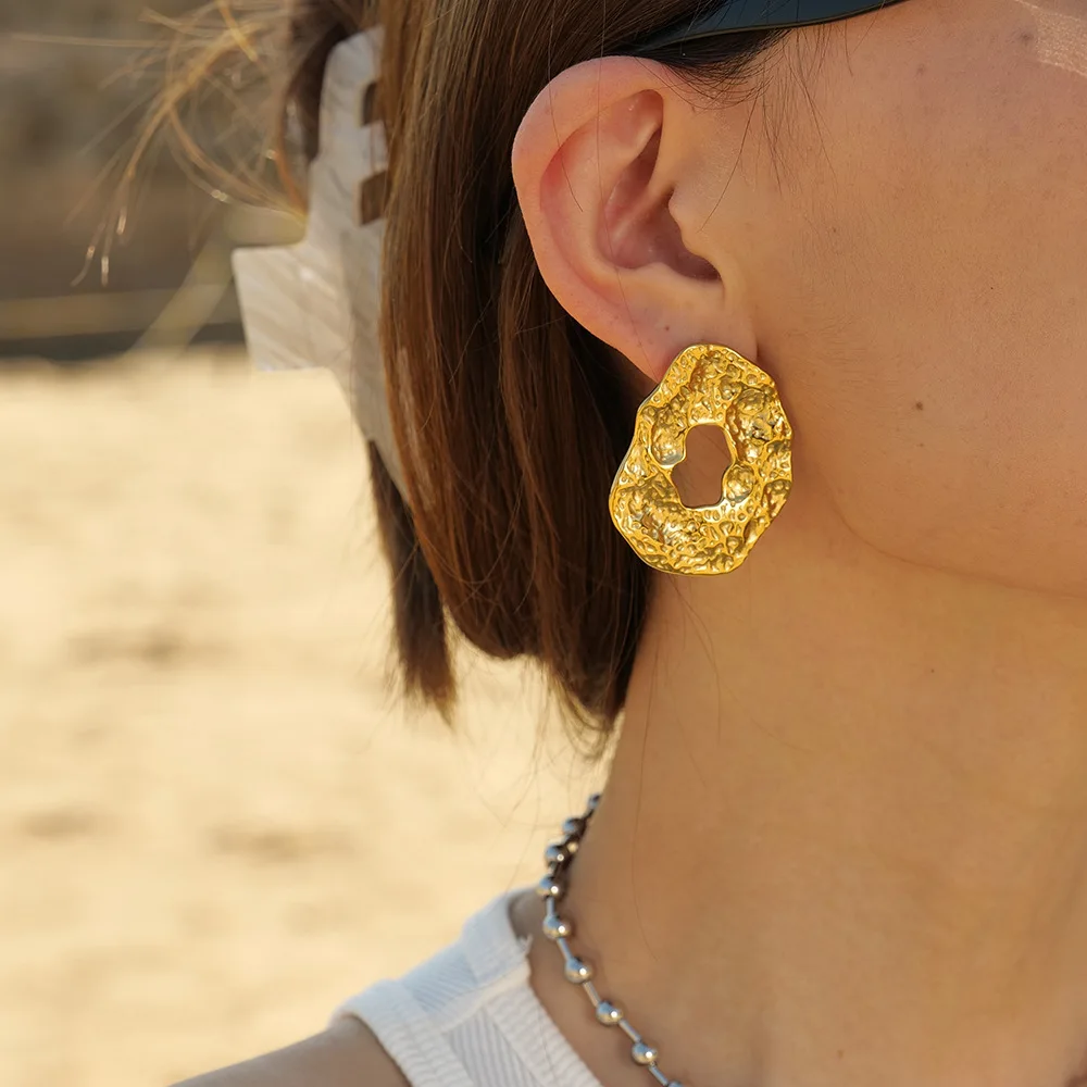 Chic Hypoallergenic Statement Earring Hammered Texture Stud Earring Gold Plated Stainless Steel Jewelry Large Drop Earrings