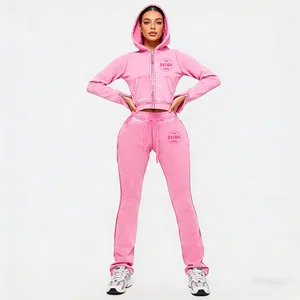 New Trendy Zipper Jacket Custom logo Retro Acid-washed Plain Cotton Sweatpants Two-piece Set Featuring Tailored Hooded Shirt