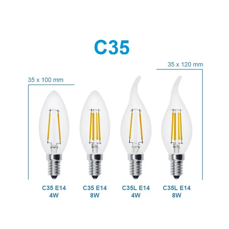調光可能なカンデラブラLEDフィラメントキャンドルC35/C35L 4W E12/E14