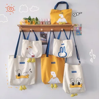 2024 Cute lovely duck canvas tote bag zipper wholesale cartoon canvas duffle wash bags school book backpack for kid children