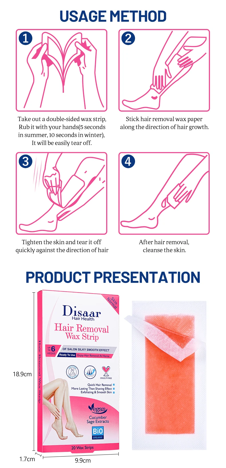 Disaar quick removing body legs hair removal wax strips for normal skin