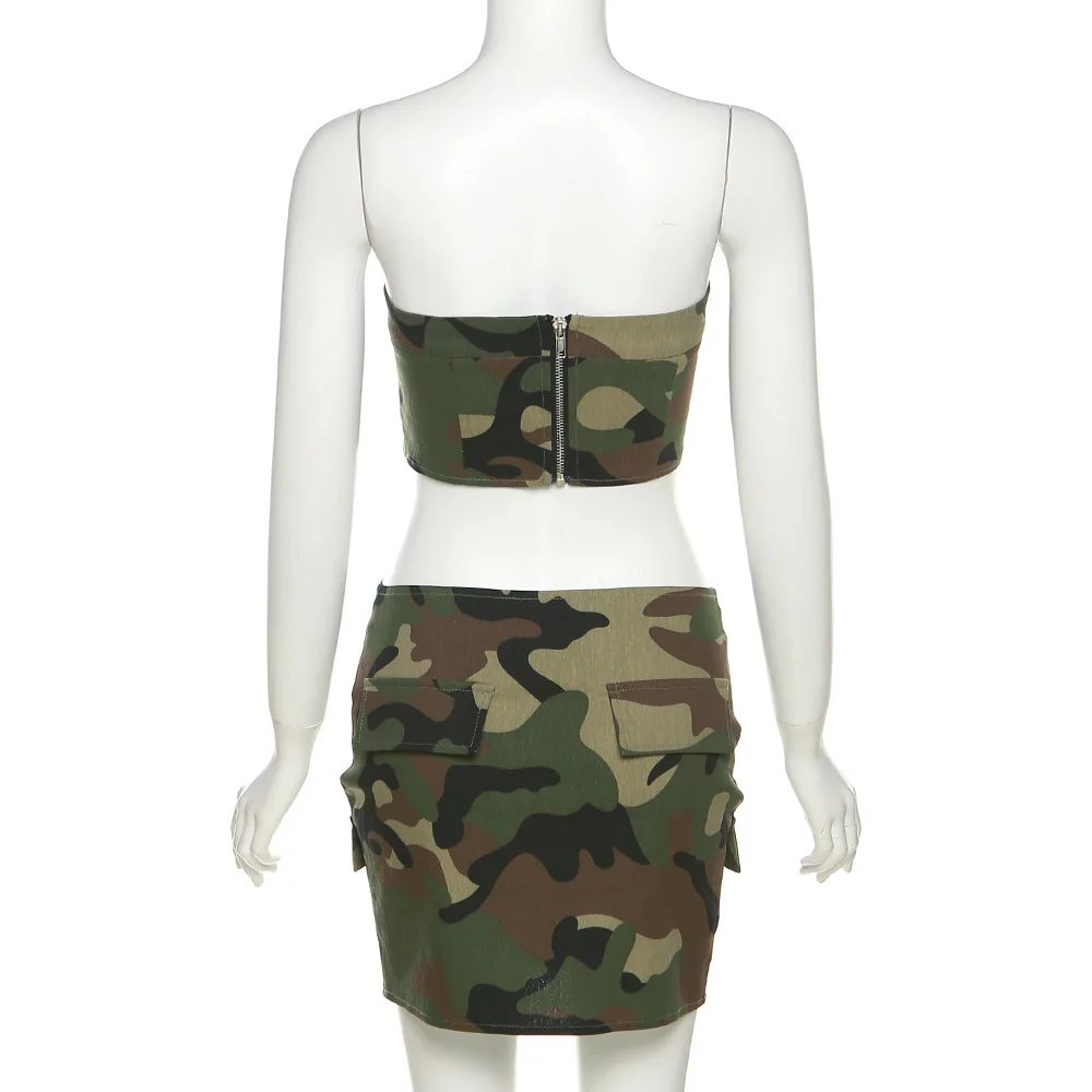 Hot Sale Summer Women'S Sexy Camouflage Skirt Set Two Piece Strapless Crop  Top and Mini Skirt Set With Zipper and Pockets