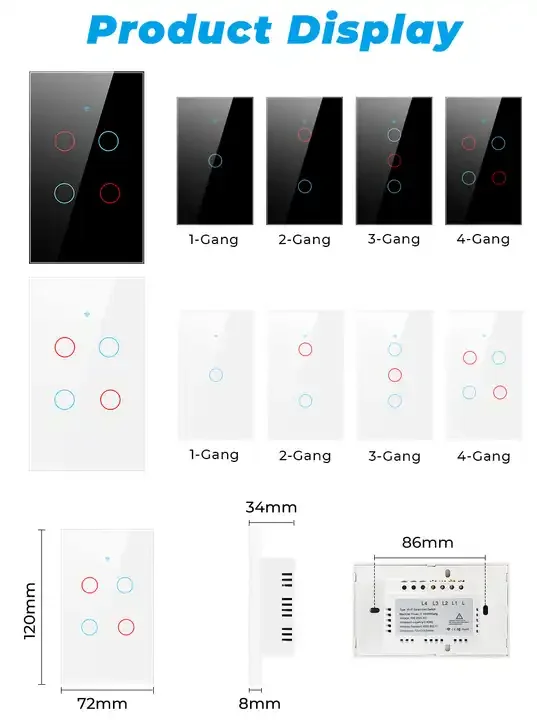 Tuya Wifi Controlled Smart EU US 1 2 3 4 Gang Light Wall Switch Touch Switch Work with Alexa and google Home