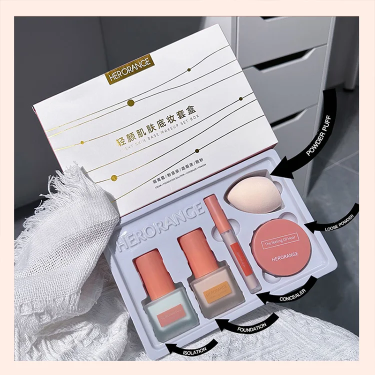 New Herorange Cosmetics Box for Women Isolation Cream Liquid Foundation  Concealer Loose Powder Makeup Puff All in One Makeup Kit