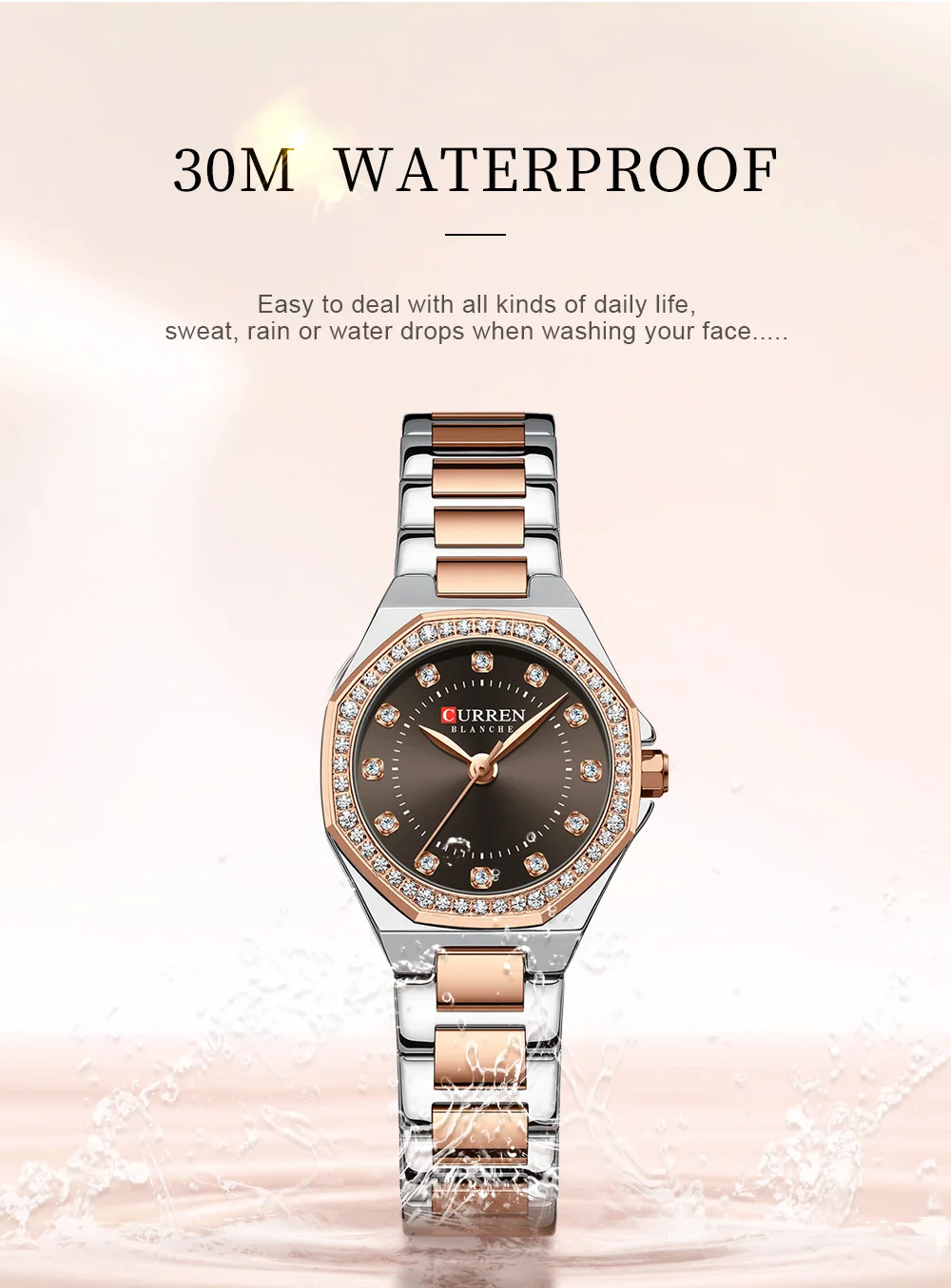 CURREN 9100 Female Stainless Steel Strap Quartz Women's Luxury Elegant Simple Diamonds Ladies Watch Waterproof Luminous Watches