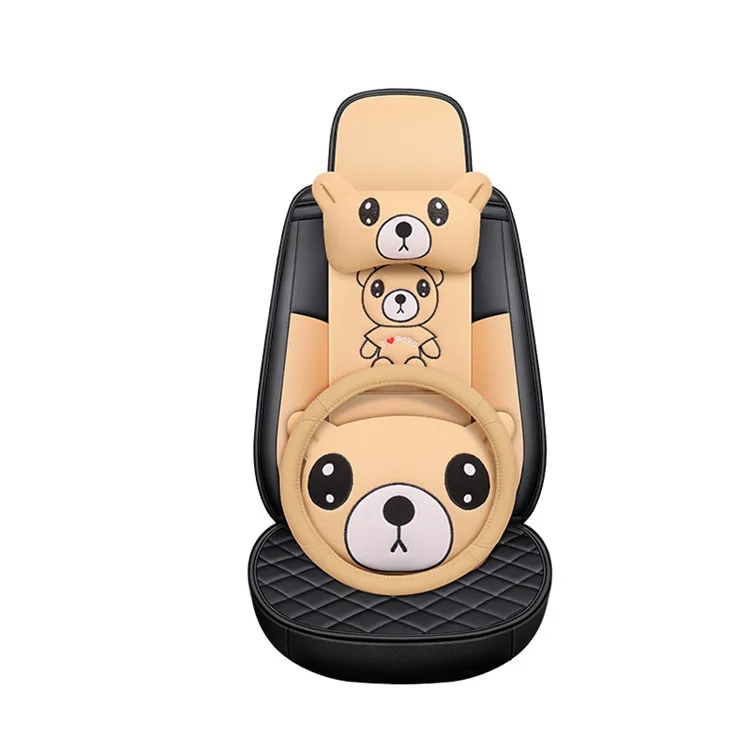 New 10pcs High Quality PVC Leather Car Interior Accessories Luxury Cushion Steering Cover & Front Rear Seat Covers Girly Design