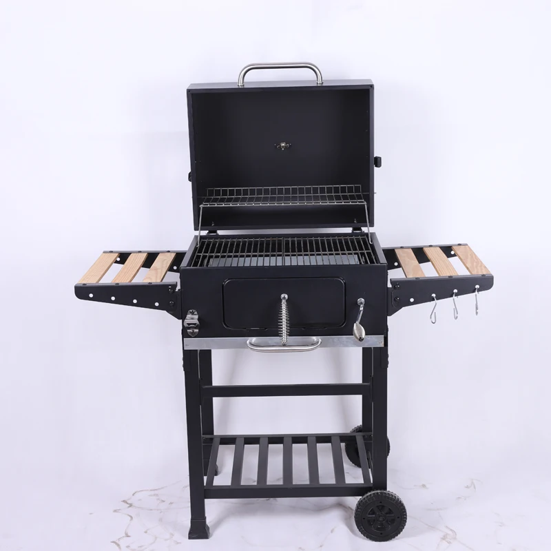 Big Barbecue Black Outdoor Meat Smoker Square Large Charcoal Trolley Bbq Grill With Side Table manufacture