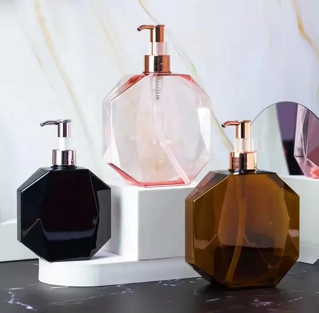 Shiny luxury PETG octagonal 300ml 650ml plastic lotion pump bottle for shampoo body wash hand sanitizer pink amber bottles