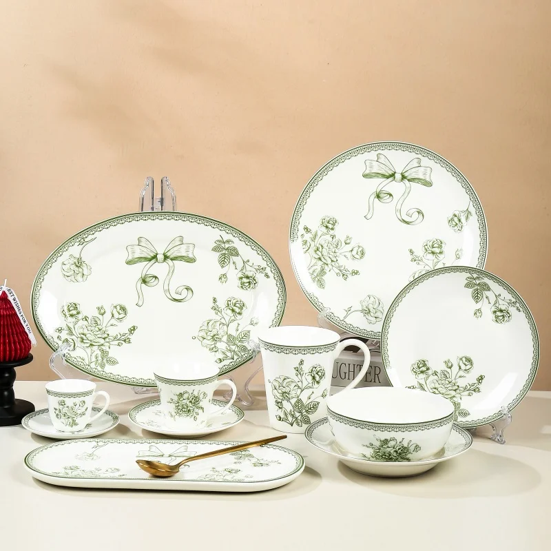 Custom Printed Luxury Plates Sets Ceramic Dishes Bowls Tableware Complete Dinnerware Set