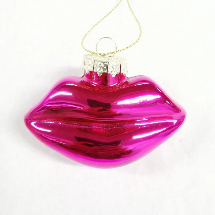 Wholesale beauty cosmetic christmas hanging ornament xmas pink glass lips bauble small makeup christmas tree ornaments gift sale