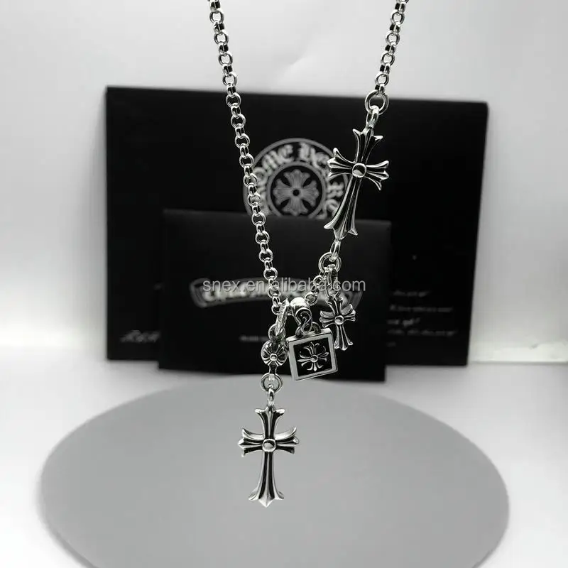 Vintage Chrome Heart Necklace Jewelry Cross Pendant Long Cross Double ...