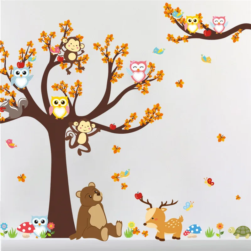 Cartoon Forest Tree Branch Animal Owl Monkey Bear Deer Wall Stickers for Kids Rooms Boys Girls Children Bedroom Home Decor