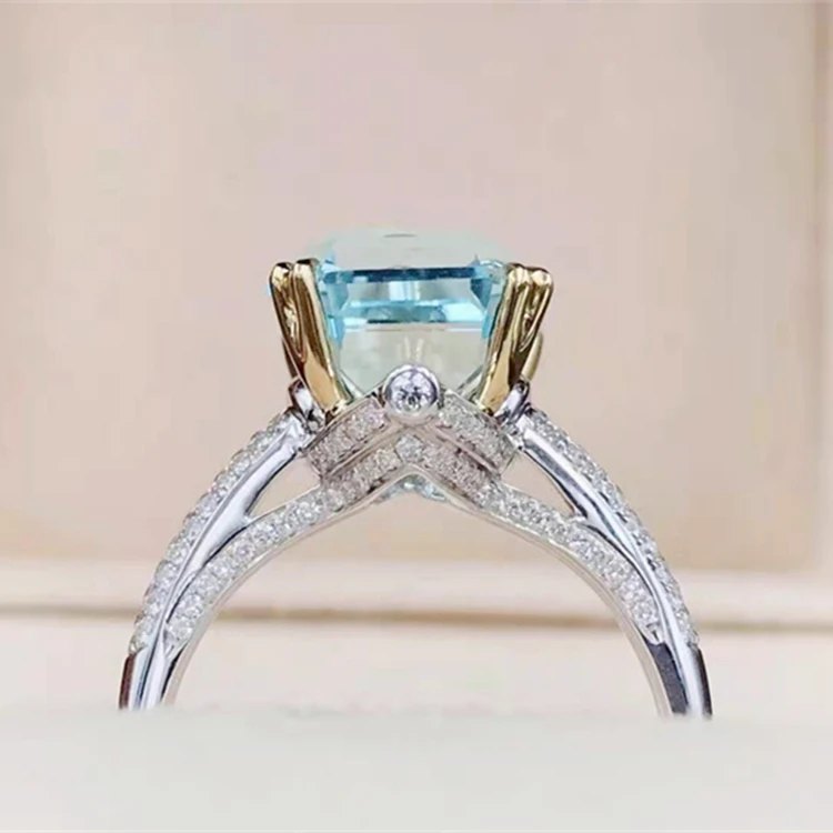 Wholesale Sgarit Natural Gemstone Ring Jewelry 18K Solid Gold Jewelry 6Ct Emerald Cut Genuine Aquamarine Rings Jewelry