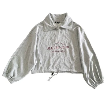 New Design Cotton Terry Half Zipper Pullover Sweatshirts Waist Drawstring Crop Hoodie for Women