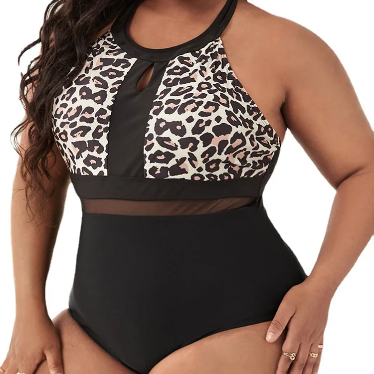 2022 New Leopard Print Back Cross Sexy Tight Plus Size One Piece Swimsuit