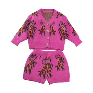 Autumn Casual Two-Piece Kids Set Printed Floral Cardigan Sweater and Shorts for Girls Toddler Girls Clothing