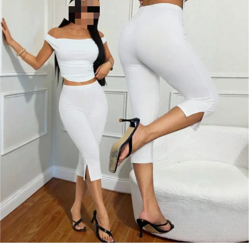 Tight Fitting Seven Quarter Pants with Elastic Waist Slim Fit Casual Tight Pants thumbnail