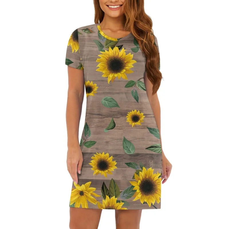 Women's Clothing Evening Dresses Tribal Sunflower Printed Style O-neck  Loose Dress Streetwear Casual Summer Dresses Clothing