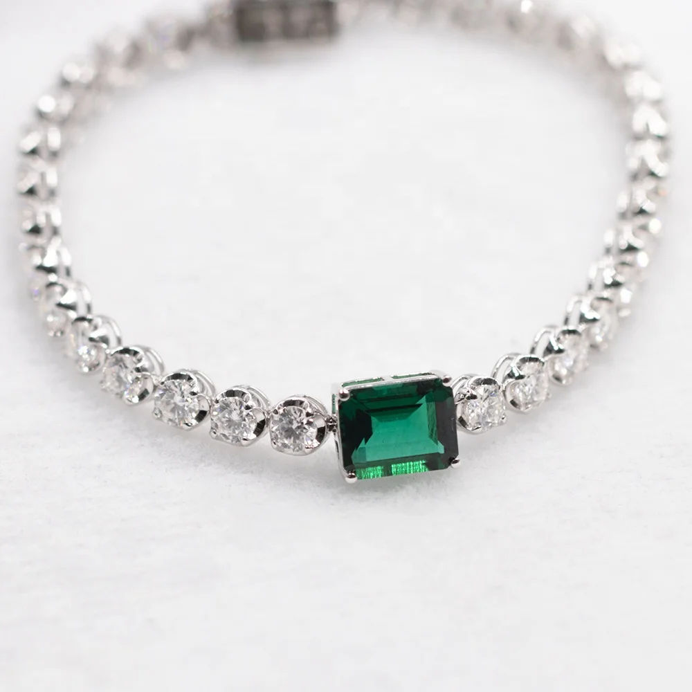 Bracelet Tennis Or Blanc 18 Carats (750) - Zircons Vert émeraude, Longueur 18 Cm, Neuf Avec étiquettes