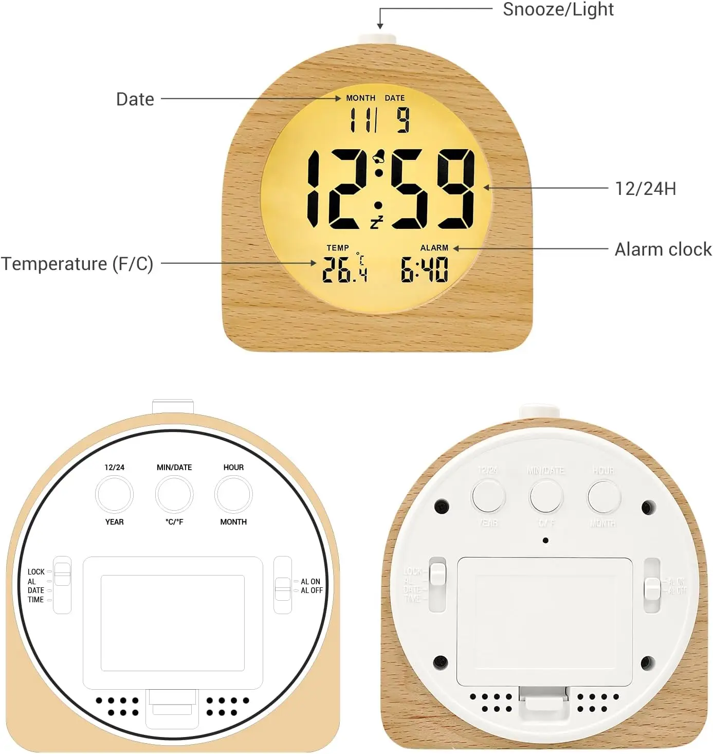 Eco-friendly Wooden LCD Digital Clock Desk Calendar Wood Alarm Clock with Night Light for Students