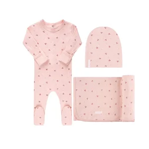 Newborn Organic Cotton Baby Waffle Romper Printed Newborn Sleepsuit Jumpsuit Long SleeveHat Blanket Floral Print Baby Rompers