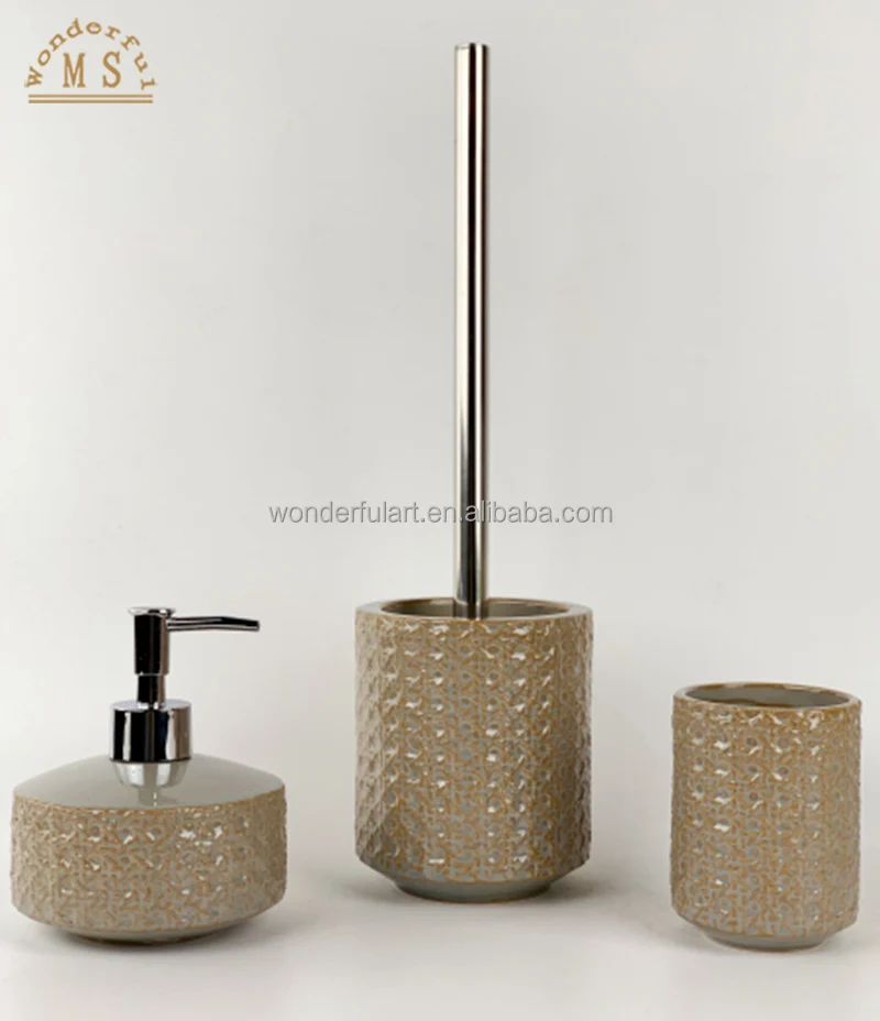 Luxury Ceramic Bathroom Accessories Sets 3 Pieces Set Toilet Brush Tumbler Lotion Bottle Dolomite Bathroom Sets for Home