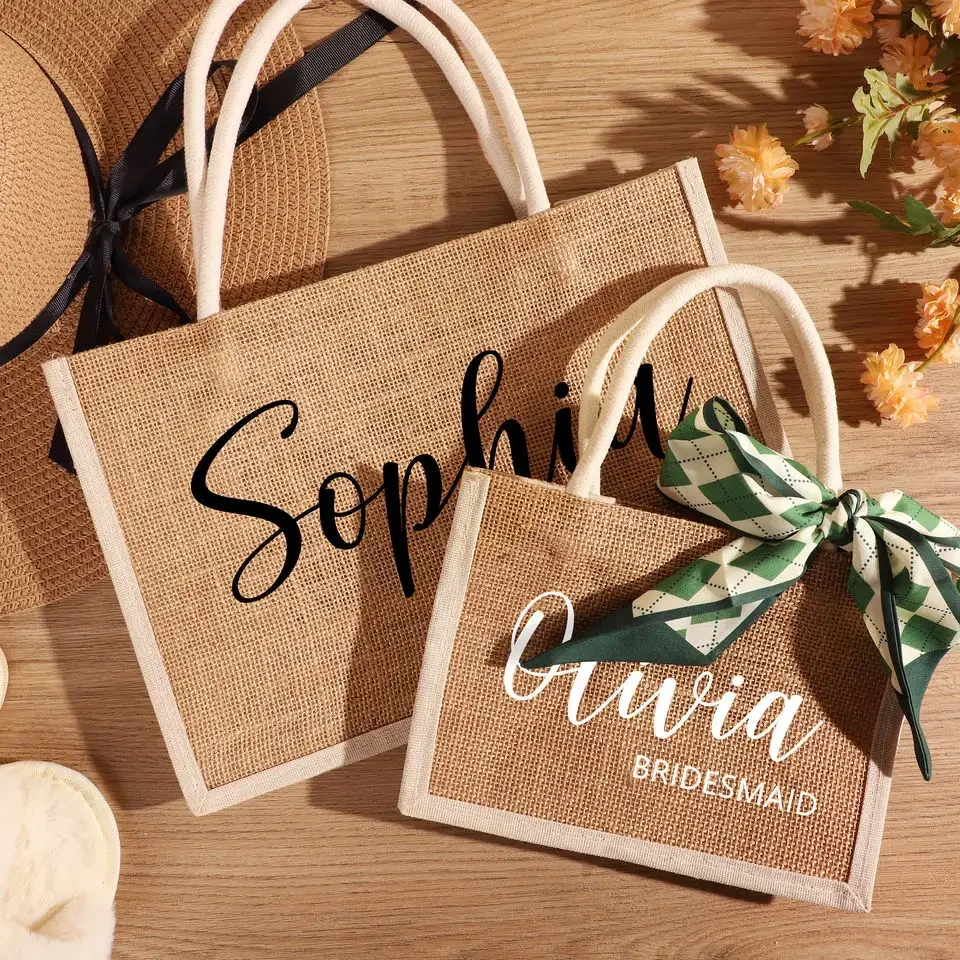 Custom Logo Eco Friendly Personalized Burlap Custom Tote Bag With Silk Scarf Bridesmaid Jute Bag for Wedding Favors Party Gift
