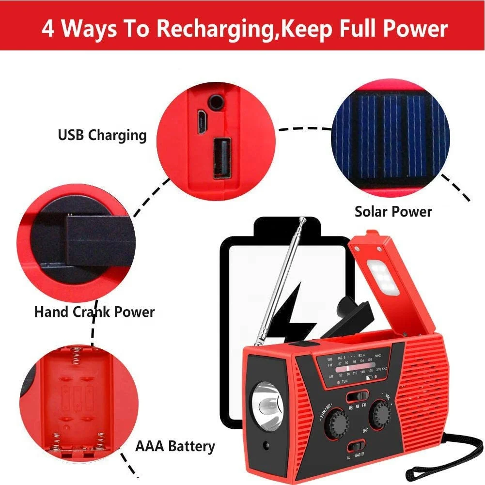 Radio Solaire D'urgence - 4000 MAh, Lampe Torche, Power Bank - Manivelle Et Solaire - Neuf Sous Blister