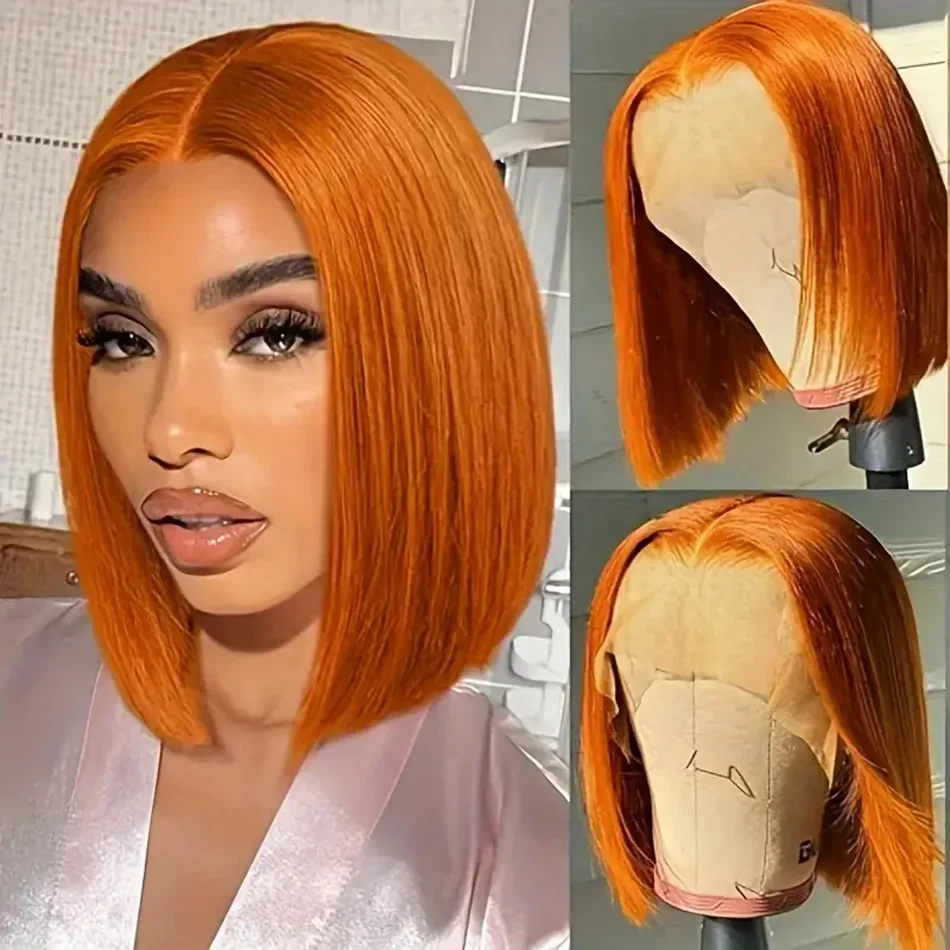 Kurze Bob Echthaar Lace Frontal Perücke Ingwer Orange Brasilianisches Remy für Frauen Täglich_voghion.com