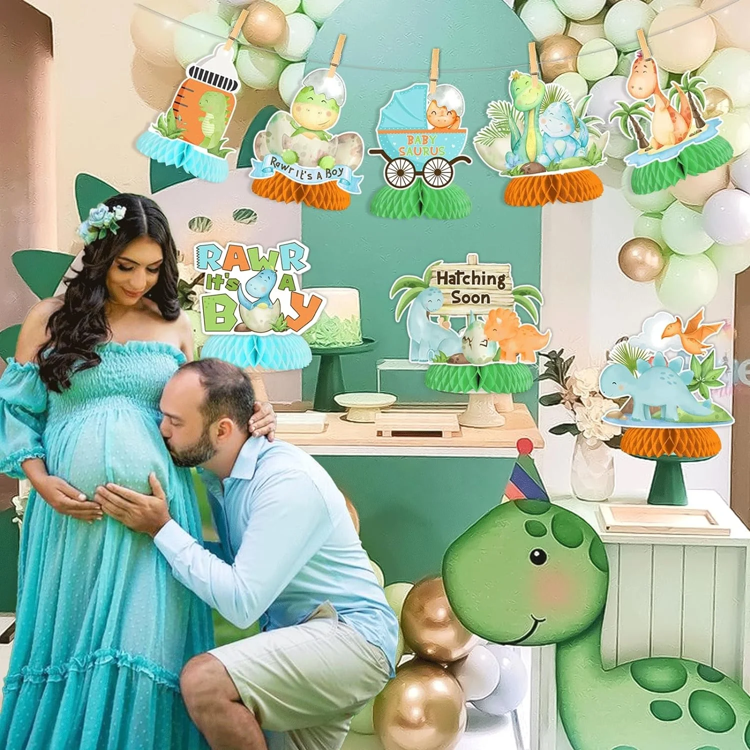 JOYEO 8 Pieces Dinosaur Baby Shower Honeycob Centerpieces For Boys, image size:1500x1500