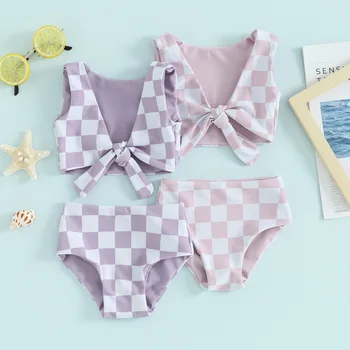 2024 summer baby girl swimsuit plaid cool and thin two-piece swimwear soft new fashion organic cotton baby swim