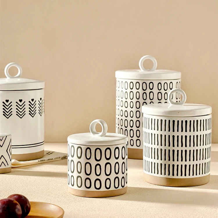 Factory Direct Selling Matte Geometric Coffee Sugar Canister Tea Container  Ceramic Storage Jar With Sealed Lid