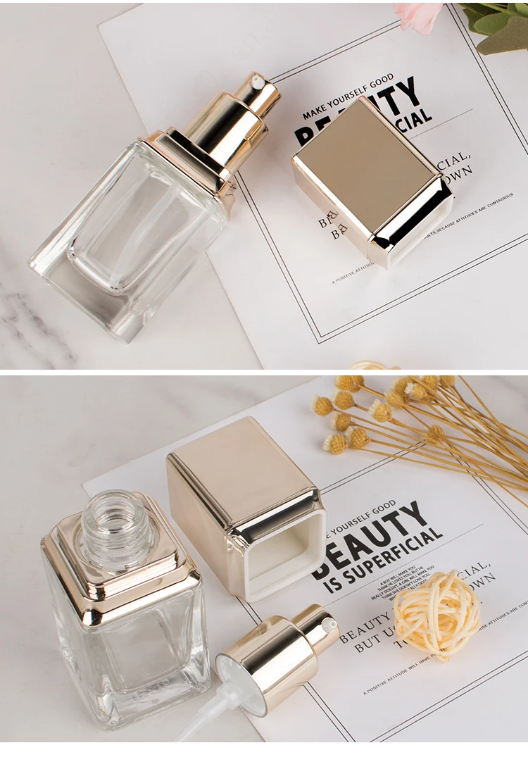 Luxury Empty 30ml Square Clear Frosted Cosmetic Lotion Glass Liquid Foundation Bottle With Pump details