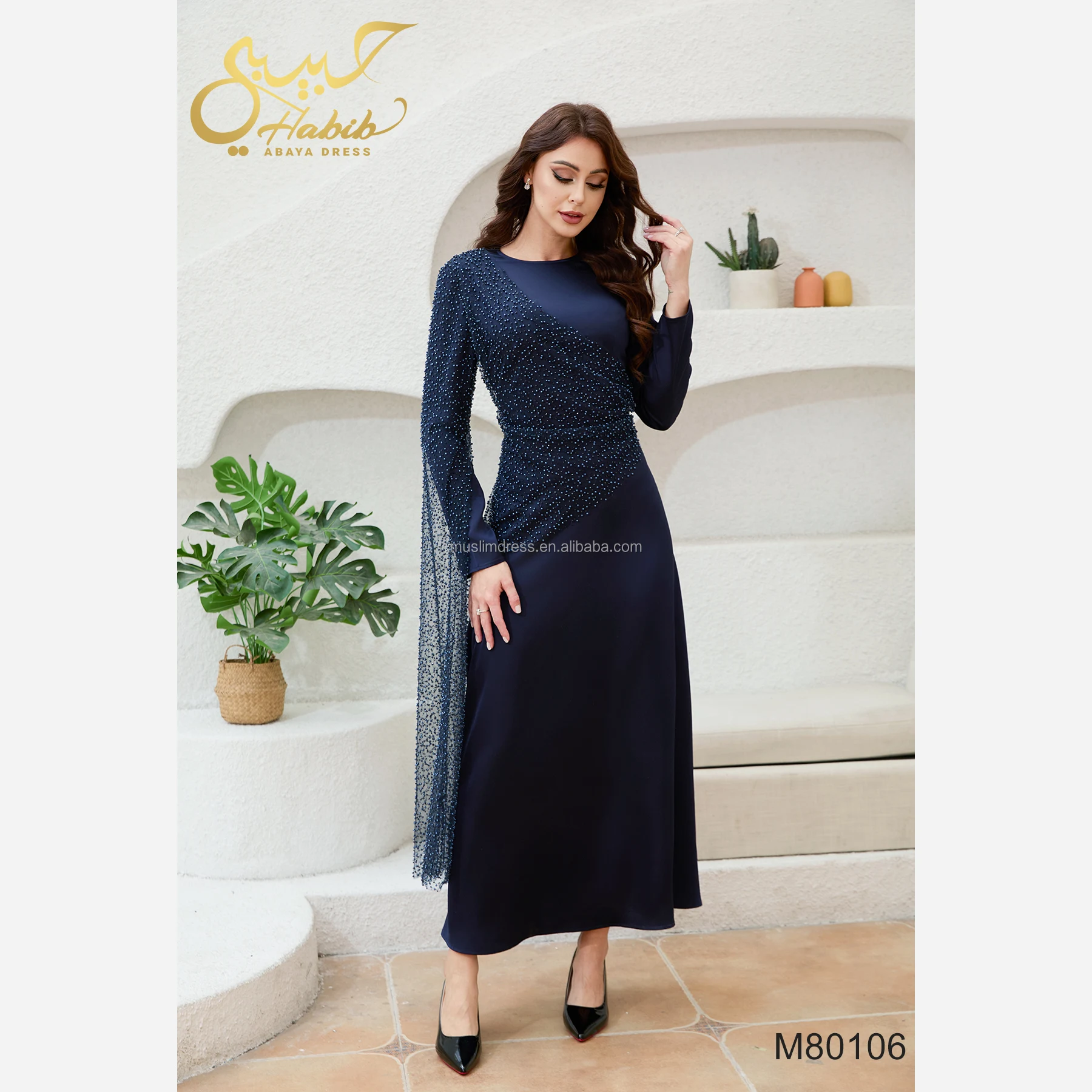 Habib Muslim Beaded Evening Dress Islamic Clothing Navy Blue Elegant Party Dress Dubai Satin Abaya Dress Habib Muslim Beaded Evening Dress Islamic Clothing Navy Blue Elegant Party Dress Dubai Satin Abaya Dress