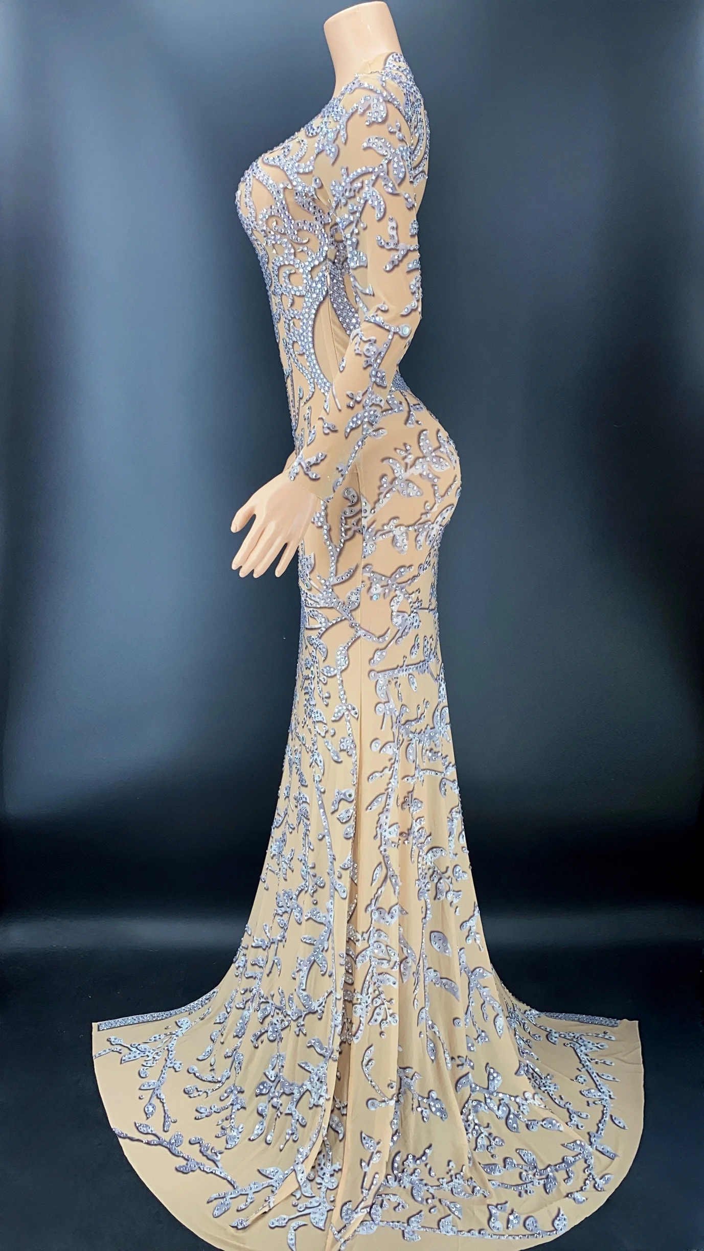 Sparkly Silver Rhinestone Transparent Single Sleeve Long Train Dress  Evening Birthday Celebrate Costume Singer Flashing Dress