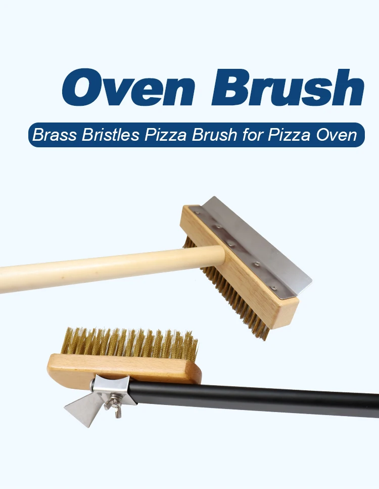 Long Handle Pizza Oven Cleaner Brush With Scraper – Wooden Handle BBQ Tool