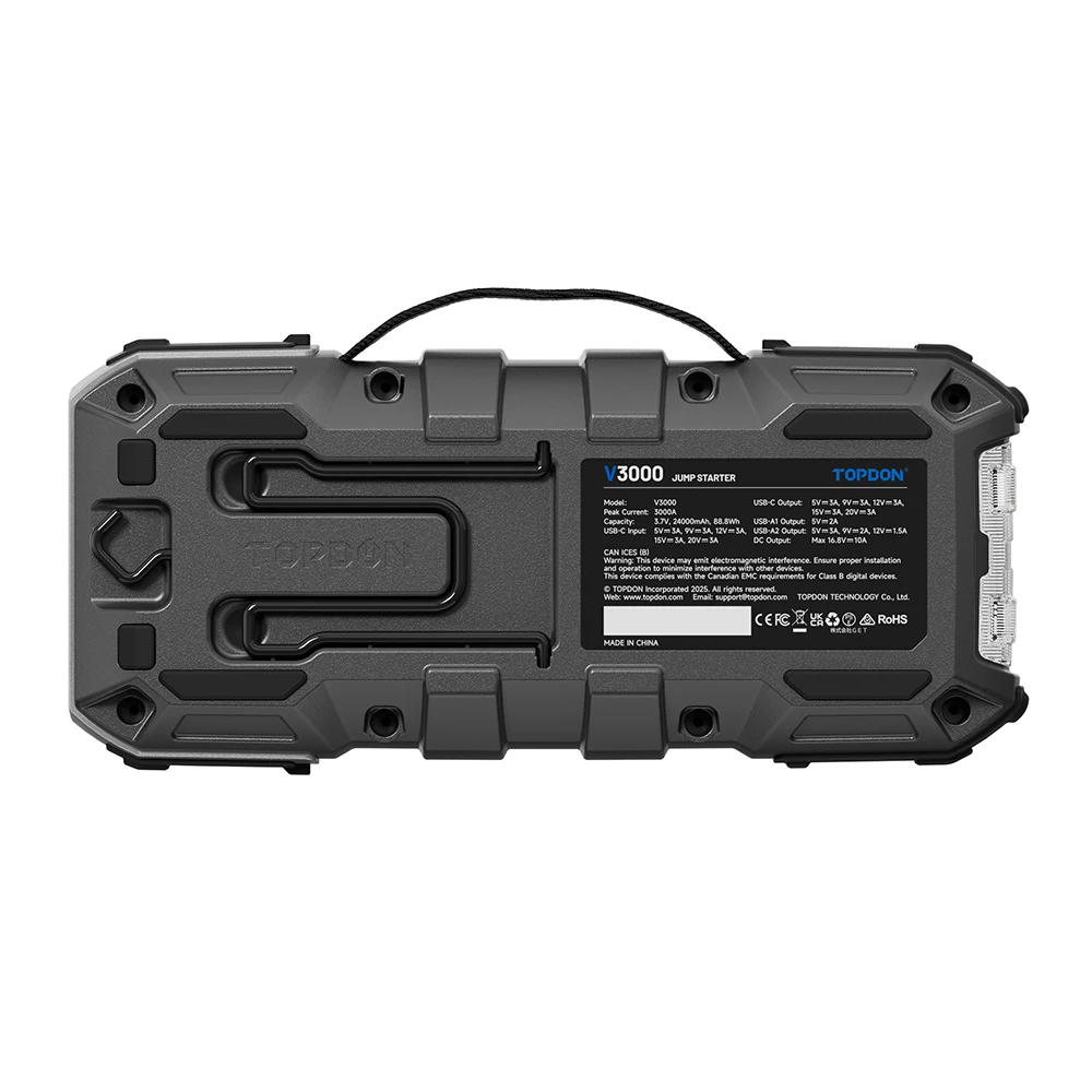 TOPDON V3000 PD60W Bidirectional Fast Charging 12V Jump Starter 3000 Peak Amp Car Super Capacitor Jump Starter Power Bank