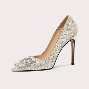 Luxury Gold Dress Shoes for Women Shiny High Heels Thin Height Increasing Button Closure for Bridal Bridesmaid Sandals Summer