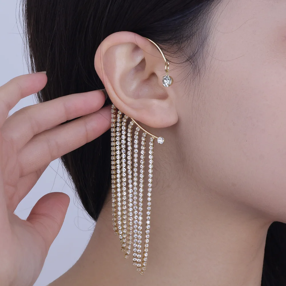 Trendsetting 2026 Jewelry Designs Crystal Long Chain Tassel Cuff Earrings Gold Plated Fashion Earring