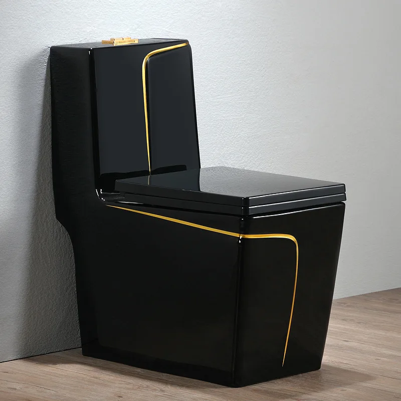 Luxury bathroom sanitary ware ceramic toilet color set black with gold line commode one piece toilet details