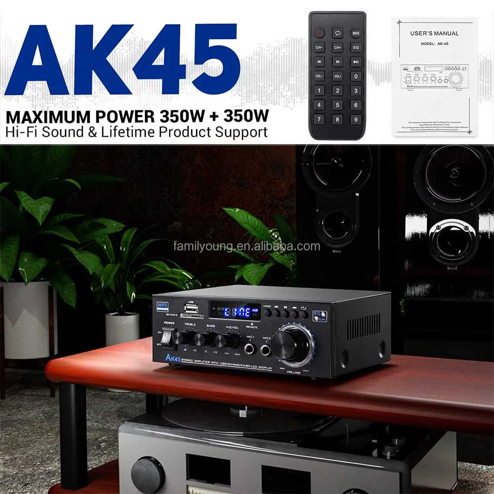AK45 Digital Amplifier 2 Channel Wireless Stereo Audio HiFi Amplifier Theater Stereo Receiver for Home Speaker FM Radio