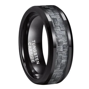 Coolstyle Jewelry 6mm Black Tungsten Ring for Men Women Engagement Wedding Band Gray Carbon Fiber Inlay Beveled Comfort Fit