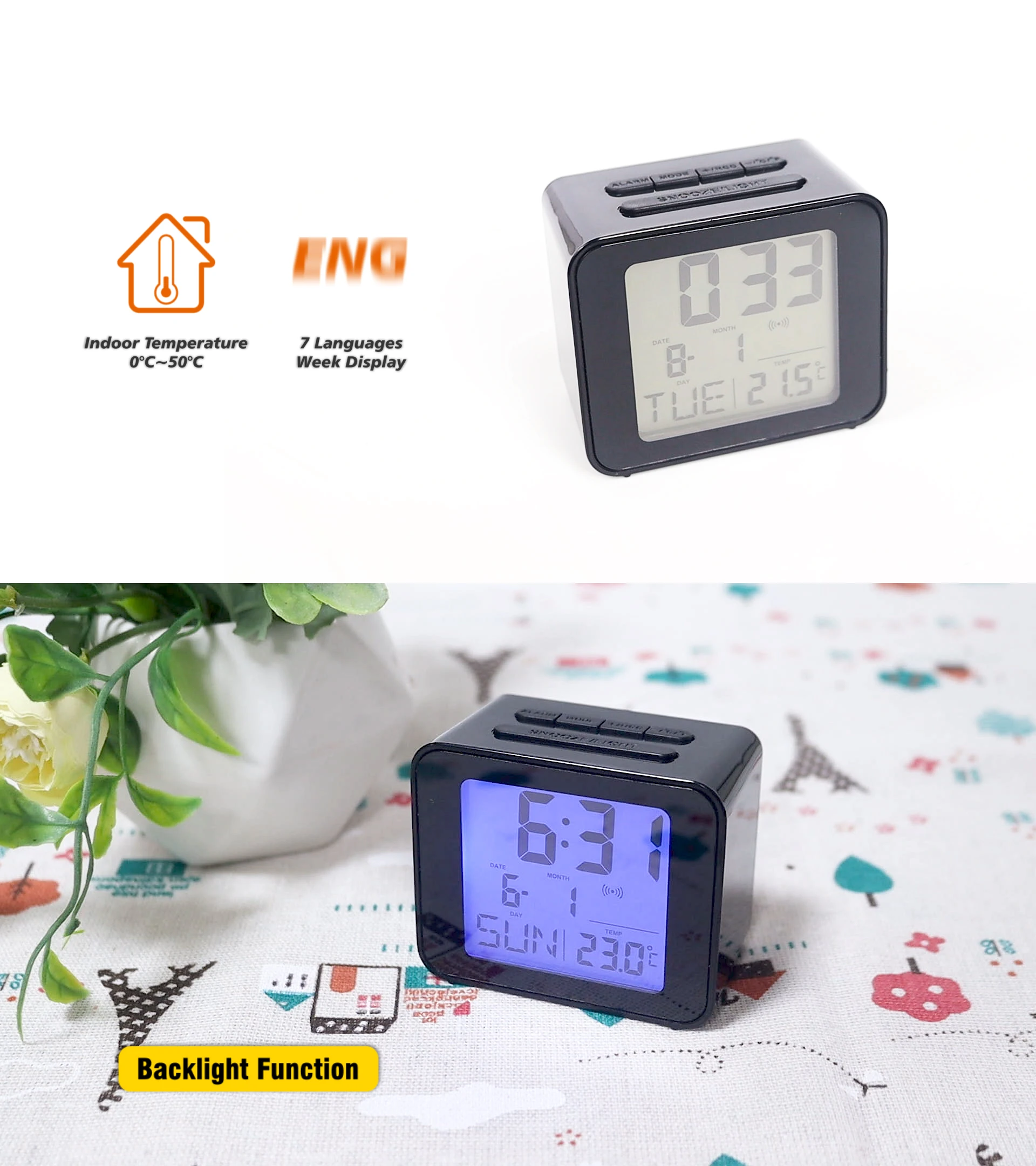 Mini Square Alarm Digital Desk Clock With Radio Controlled And Indoor