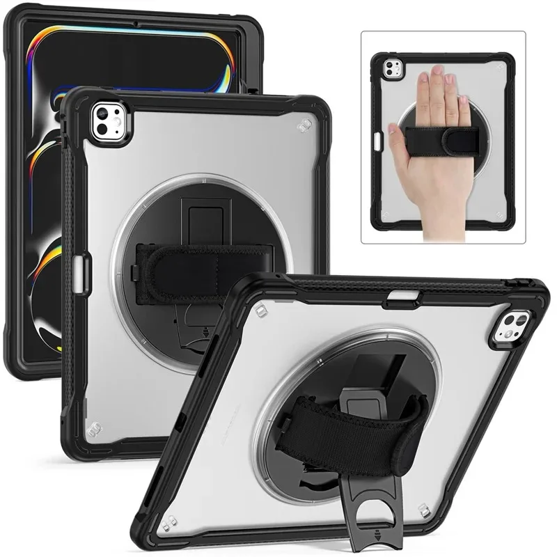 For iPad Pro 13 (2025)  (2024) Case Stand PC+TPU+Silicone  Anti-fall Stable Stand with Rotating Hand Strap Double-layer Design