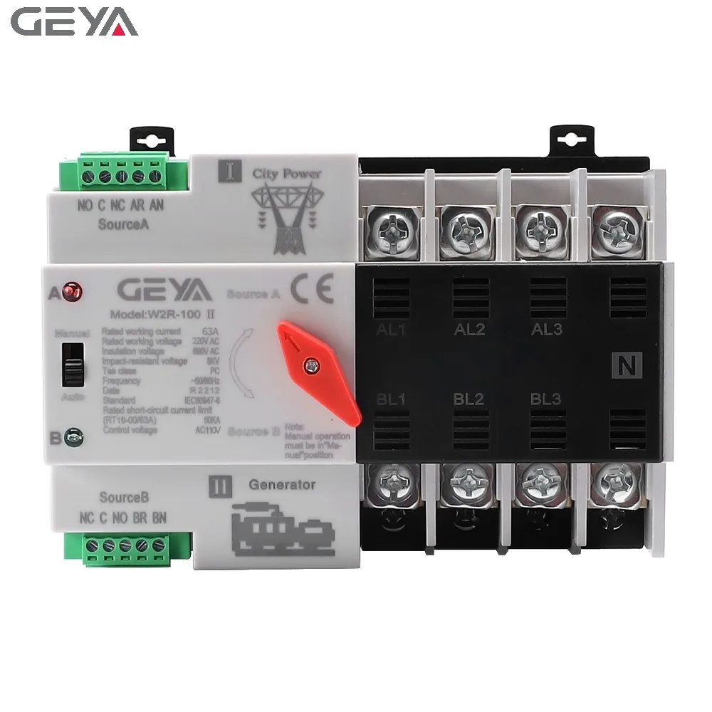 GEYA Mini ATS 63A Dual Power Automatic Transfer Switch – 4Pole AC220V Din Rail Mount For Uninterrupted Power Supply