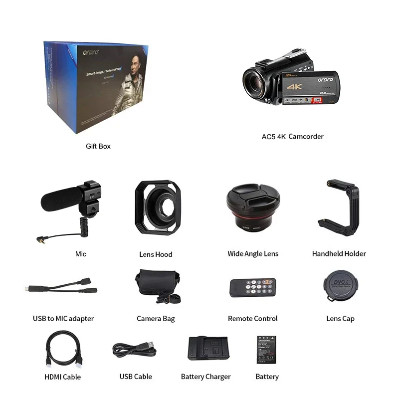 ORDRO AC5 UHD Camcorder 12X Optical Zoom Camera Built-in Wifi 4k Professional Video Camera